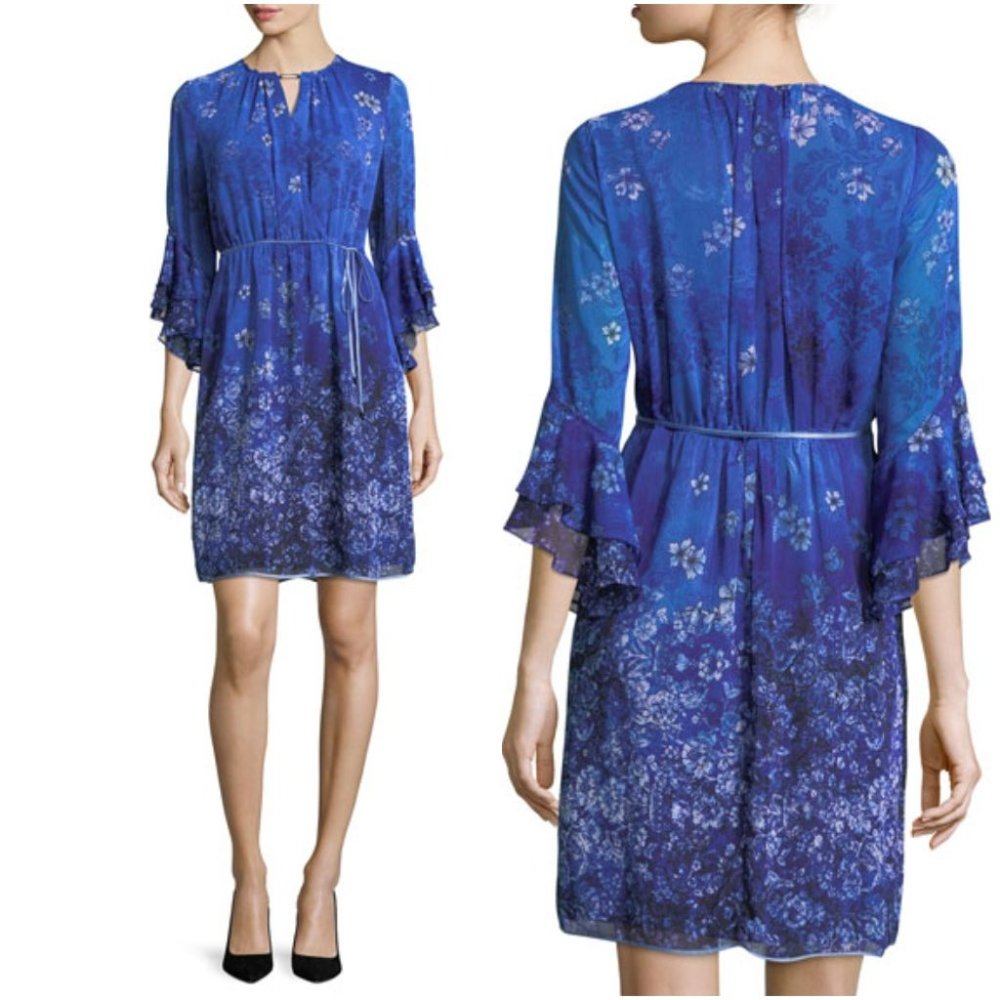 T Tahari Amber Frill-Sleeve Floral Print Dress